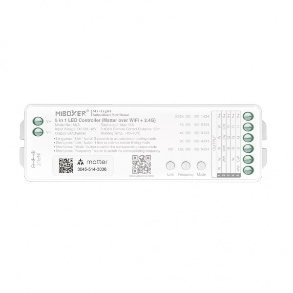 MiBoxer ML5 LED Controller 5in1 RGB-WW (RGB-CCT) DC12~24V Matter Over WiFi + 2.4G
