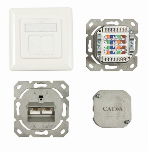 Dosen TP, UP, 2-fach, CAT6A, 500Mhz, Reinweiss, Synergy 21, waagrechter hinterer Kabeleingang