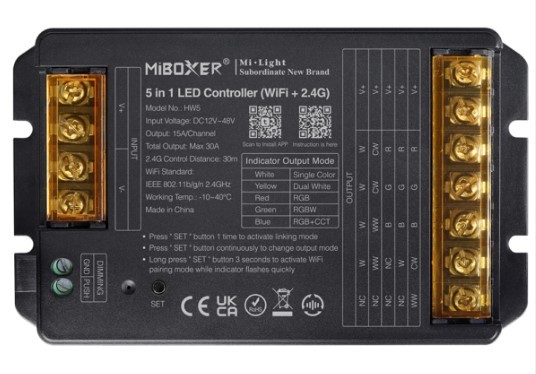 MiBoxer HW5 LED Controller 5in1 RGB-WW (RGB-CCT) DC12~48V WiFi 2.4G HP 30A