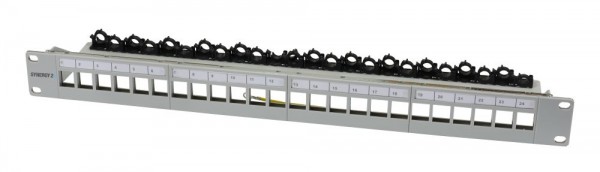 Keystone, Modulträger, 19&quot;Patchpanel für 24xTP-Modul, 1HE(t 94mm), Lichtgrau, V4 mit Kabelklemme, S