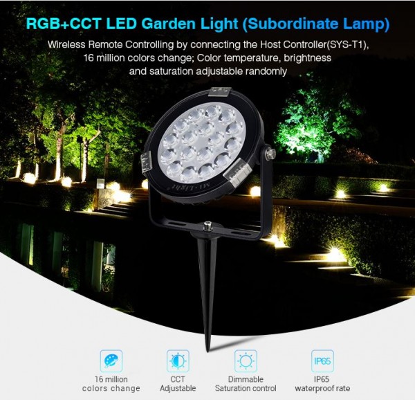 MiBoxer SYS-RC1 LED Subordinate Garten Lampe 9W RGB-WW (RGB-CCT) mit Funk und WLAN IP65 24V